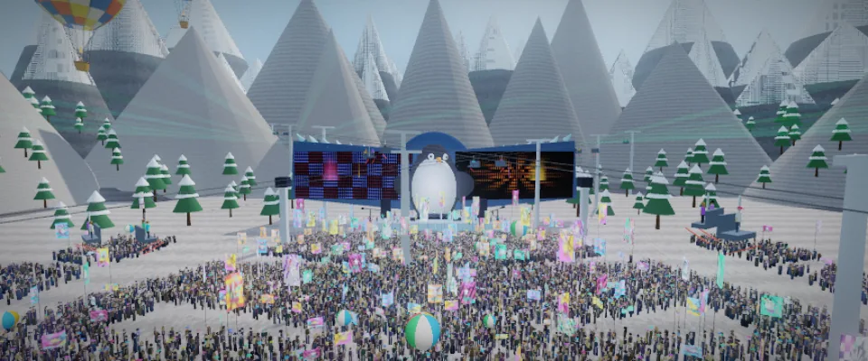 Frostwing Summit &mdash; a giant penguin stage in a snow bowl, its wings forming the LED walls