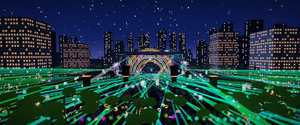 Open-Field Mainstage &mdash; an arch mainstage in an open field under green laser fans and a huge crowd