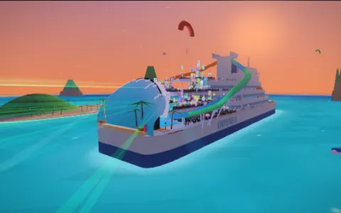 Odysea &mdash; a festival on a cruise ship anchored in a tropical bay, water slides running down the ship's side and a breaking-wave stage at the stern