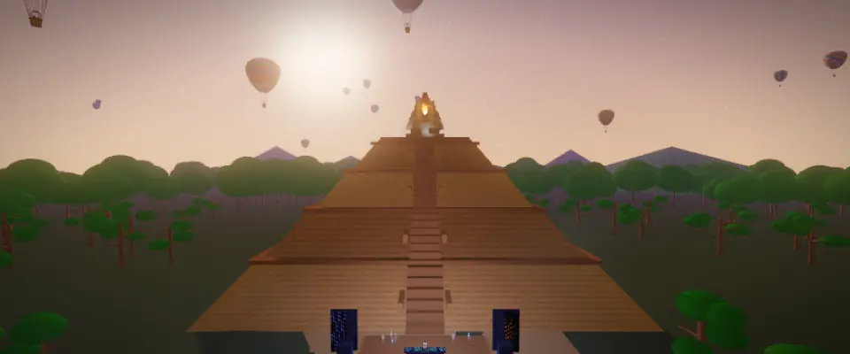 Temple of the Sun &mdash; a jungle pyramid at golden hour with hot air balloons drifting overhead