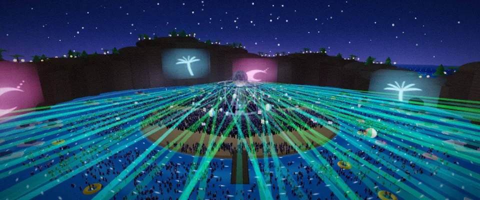 The Cove &mdash; a night lagoon under a giant disco ball, lasers over crowd and water